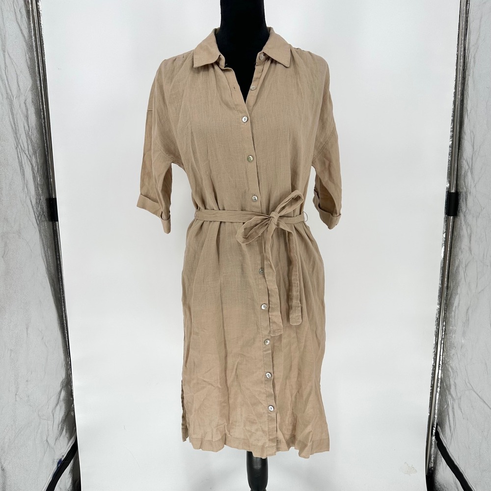 Tahari Beige 100% Linen Belted Button Front Shirt Dress Coastal Summer Cottage S